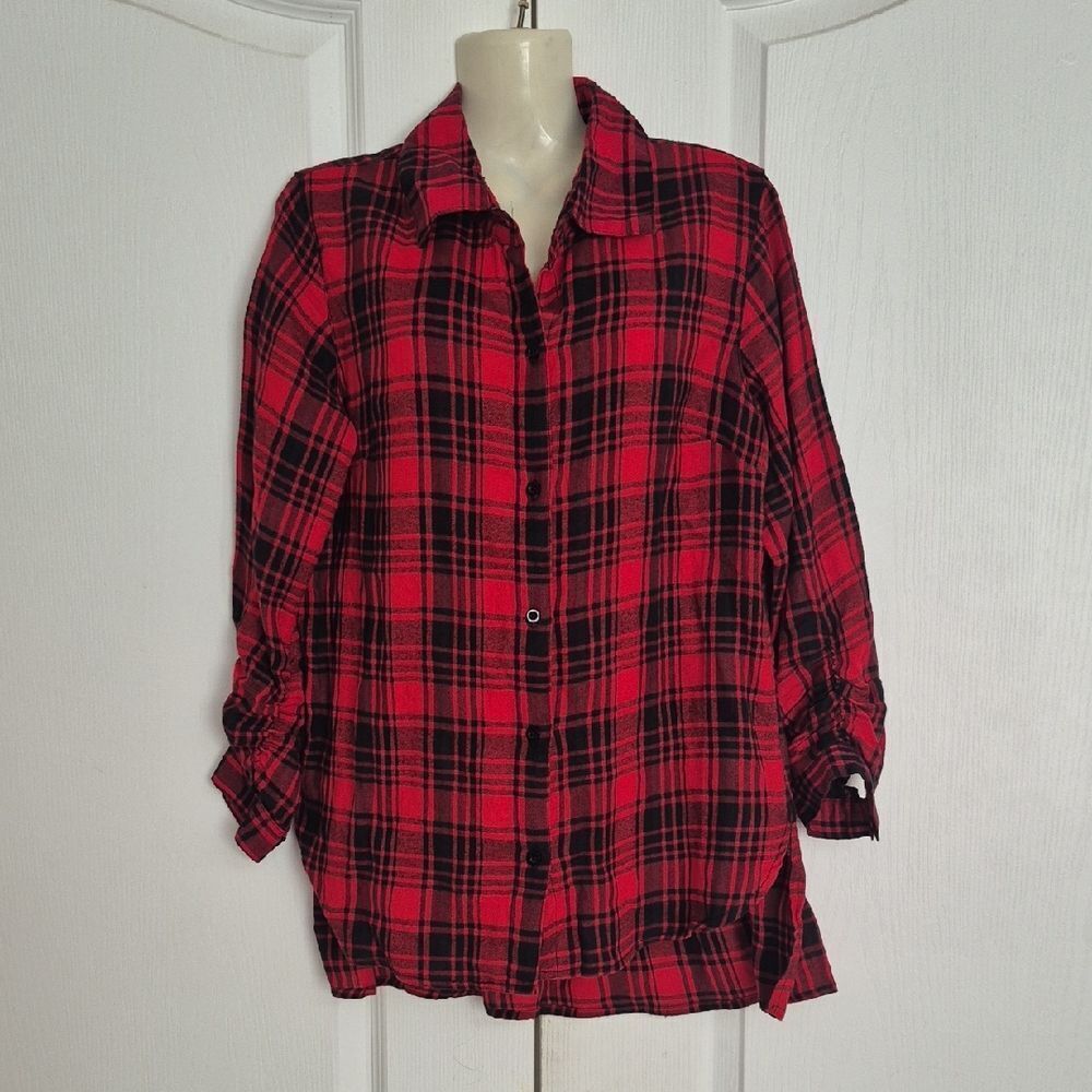 Japna Red and Black Plaid Button Down High & Low  Shirt